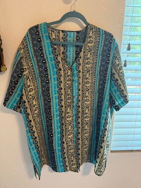 Women’s Caftan Teal and Beige Button-Down Shirt